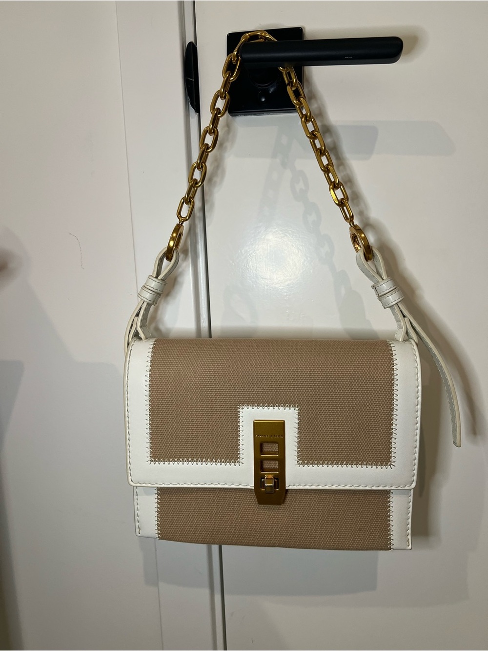 Charles & Keith White and Tan Shoulder Bag with Gold Chain